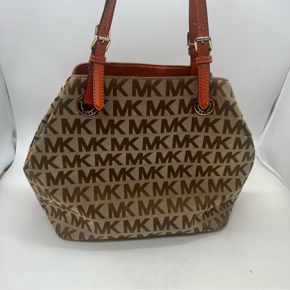 Michael Kors MK Signature Jacquard Brown Persimmon Medium Tote Bag Purse 15x11 - Picture 1 of 14